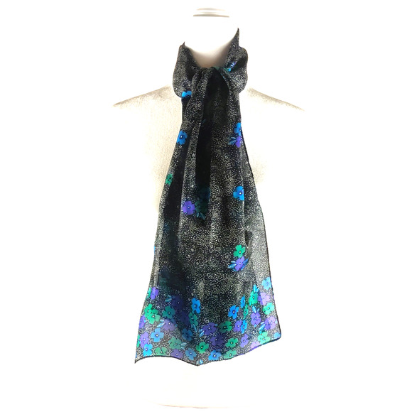 Sarah Coventry Rectangle Scarf 10" X 52" Black Dots Blue Flowers - Picture 1 of 8